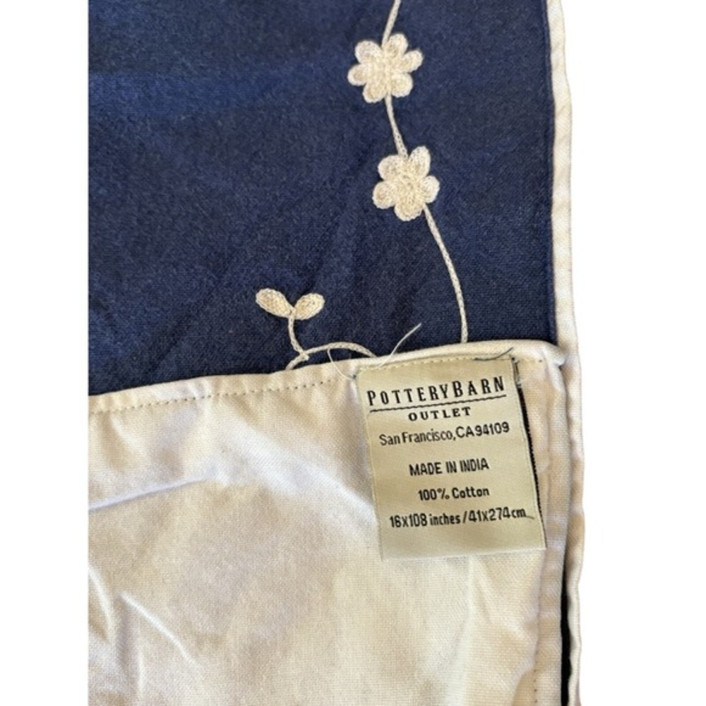 Pottery Barn Floral Embroidered Blue Cream Table Runner 108"x16" - Picture 2 of 8